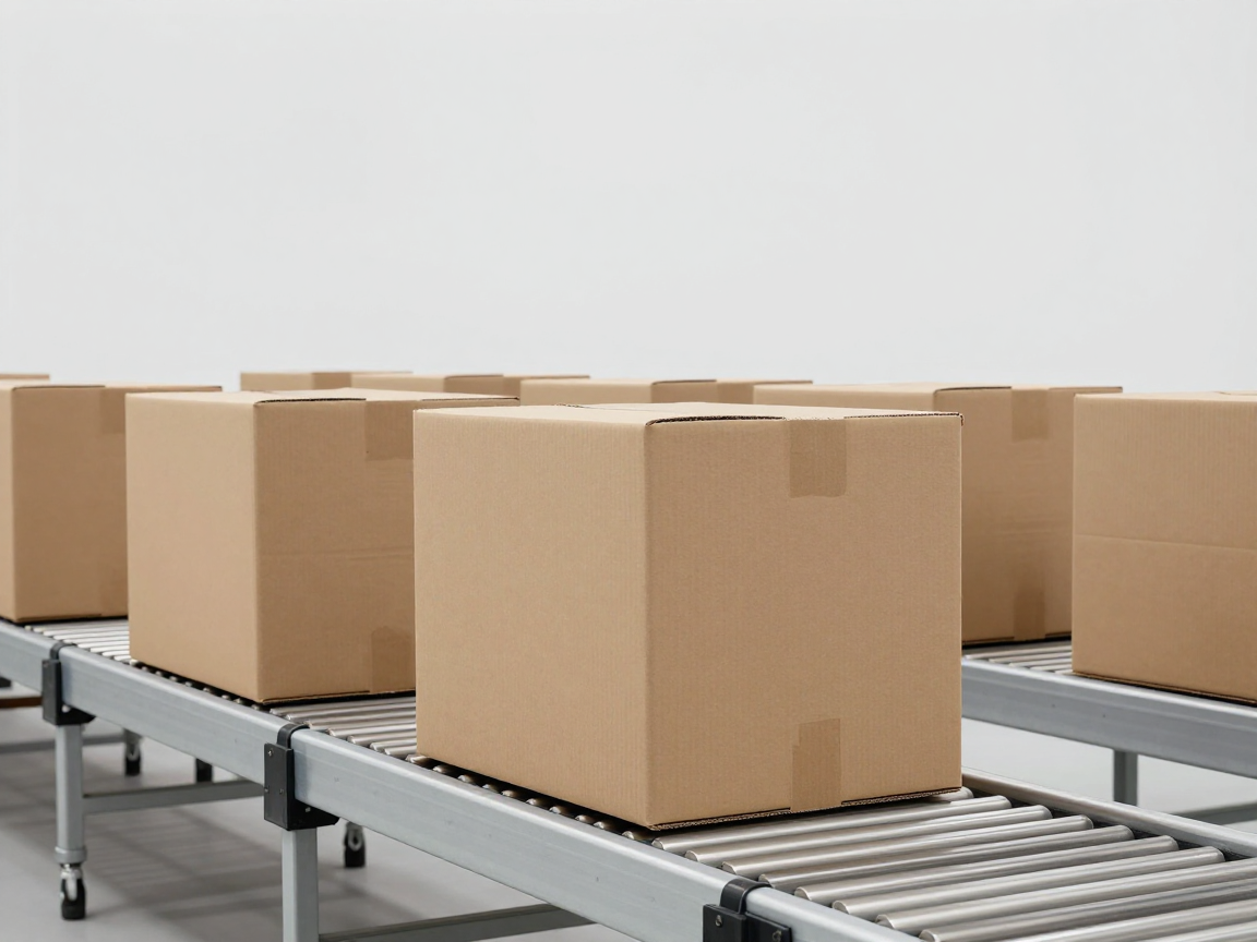 Các thùng carton nâu nguyên bản xếp trên băng tải trong kho xuất khẩu