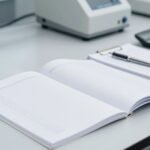 Bàn làm việc trong phòng thử với báo cáo kỹ thuật dày mở ở trang bảng trống, bìa hồ sơ có tab trống, bút và máy tính — ảnh bìa bài báo cáo thử RoHS