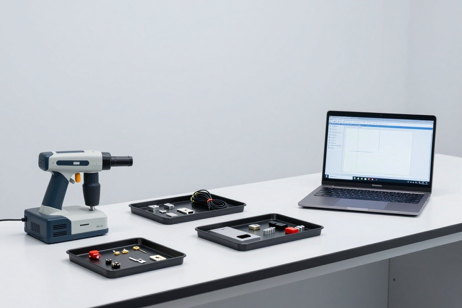Bàn thử nghiệm điện tử với máy XRF cầm tay, các mẫu nhỏ trong khay, mảnh dây cáp và laptop hiển thị phổ trống — ảnh bìa bài XRF sàng lọc RoHS