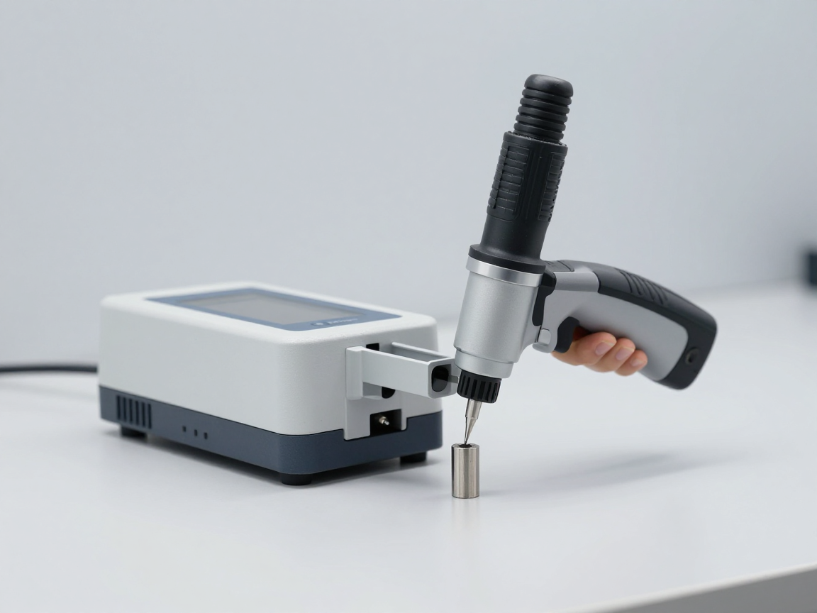 Thiết bị XRF cầm tay đang đo một chi tiết kim loại trên bàn thử nghiệm