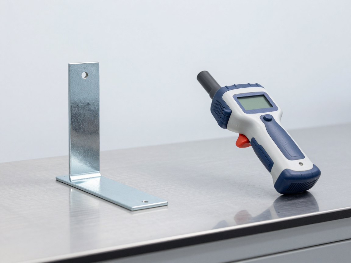 Chi tiết thép mạ kẽm với lớp thụ động crôm bóng đặt cạnh máy XRF cầm tay trên bàn