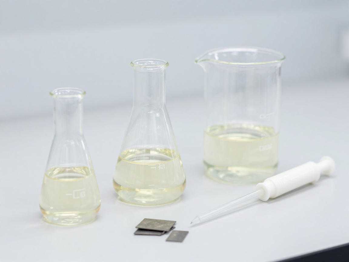 Dung dịch thử trong các bình định mức trên bàn thí nghiệm với pipet và mẫu kim loại đã cắt