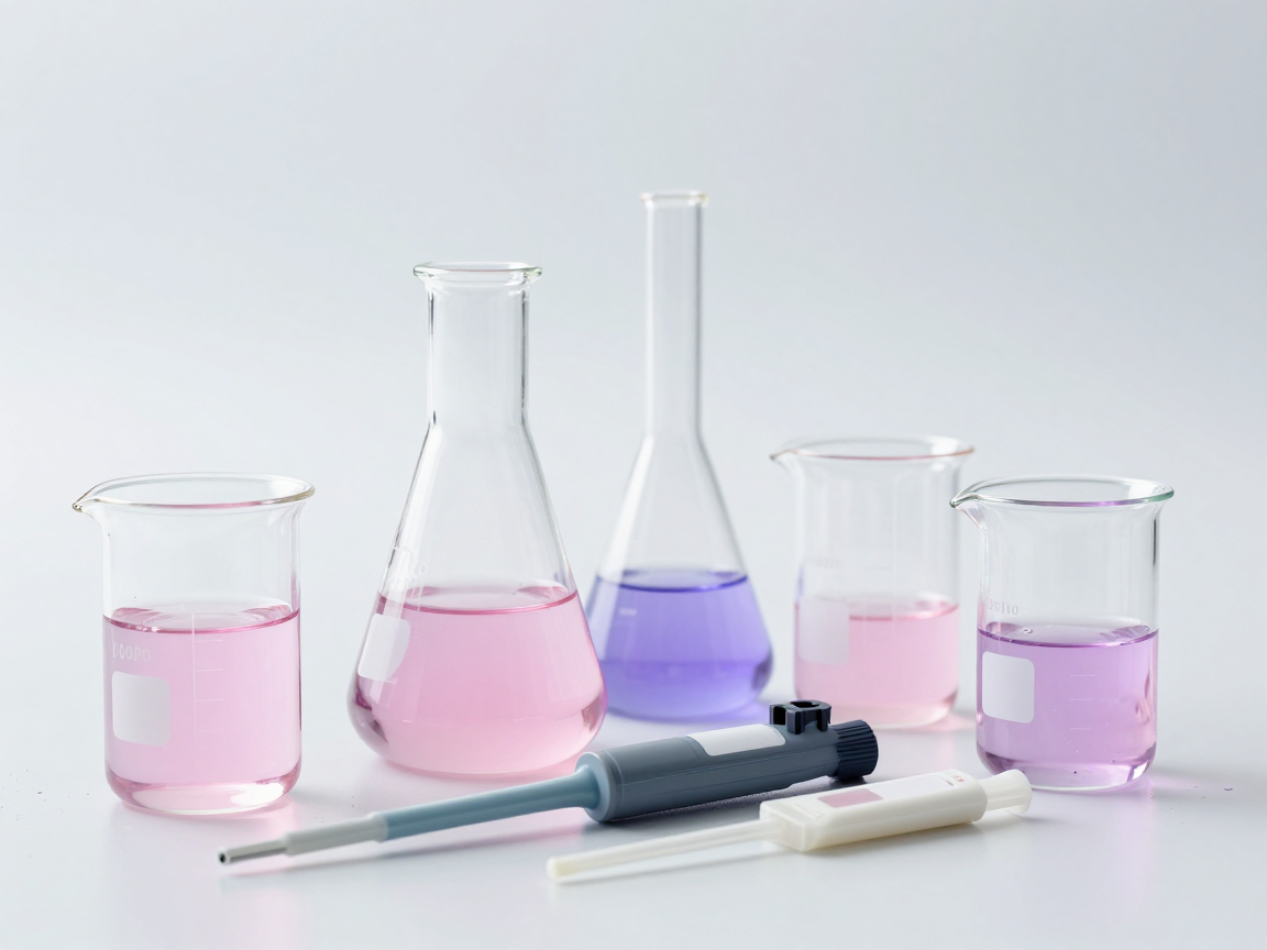 Các bình định mức và cốc đựng dung dịch màu hồng nhạt cùng micropipette trên bàn thí nghiệm hoá ướt