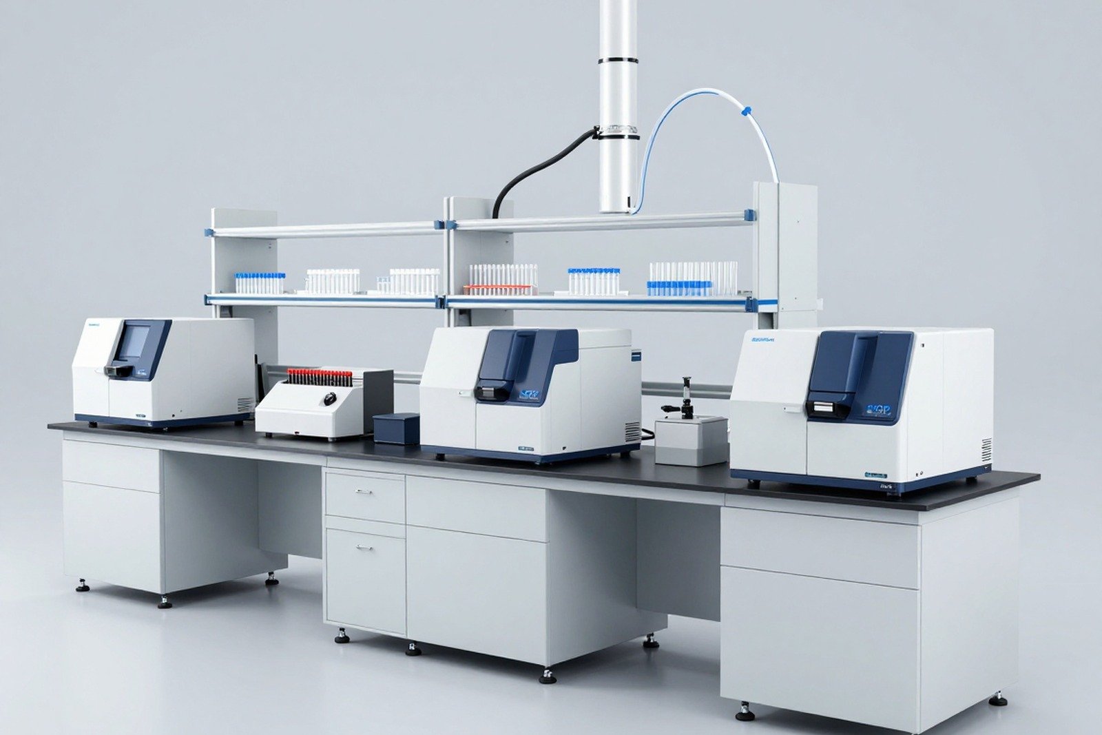 Phòng thí nghiệm thiết bị phân tích với máy ICP-OES và ICP-MS xếp hàng trên bàn, khay ống nghiệm tự động, hệ thống đường ống khí — ảnh bìa bài chọn phương pháp thử kim loại nặng