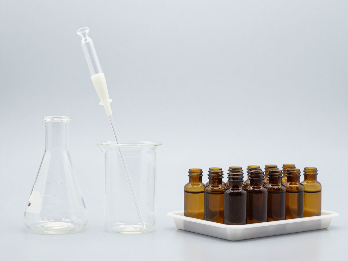 Dụng cụ thuỷ tinh, bình định mức, pipet và khay lọ hổ phách đựng dung dịch trong suốt trên bàn sạch