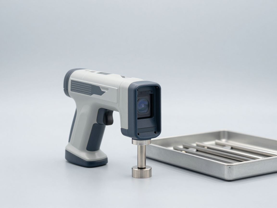 Thiết bị XRF cầm tay đặt trên mẫu linh kiện nhỏ trong nhà máy