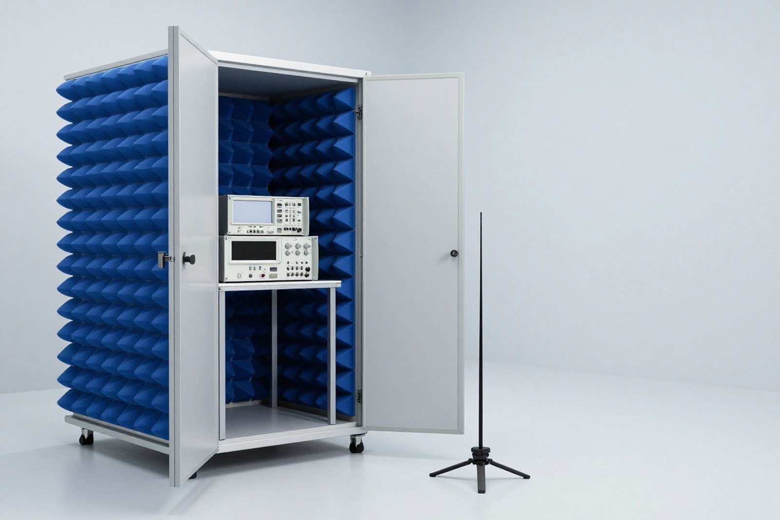IEC 61000 là gì? Toàn cảnh bộ tiêu chuẩn tương thích điện từ (EMC) – ảnh bìa Buồng bán triệt với vật liệu hấp thụ hình tháp, giá thiết bị đo và ăng-ten loga trong phòng thử EMC – ảnh bìa bài IEC 61000