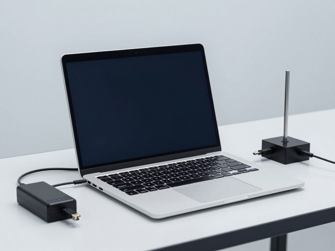 Máy tính xách tay mở trên bàn thử với adapter nguồn, cáp mạng và đầu dò trường gần