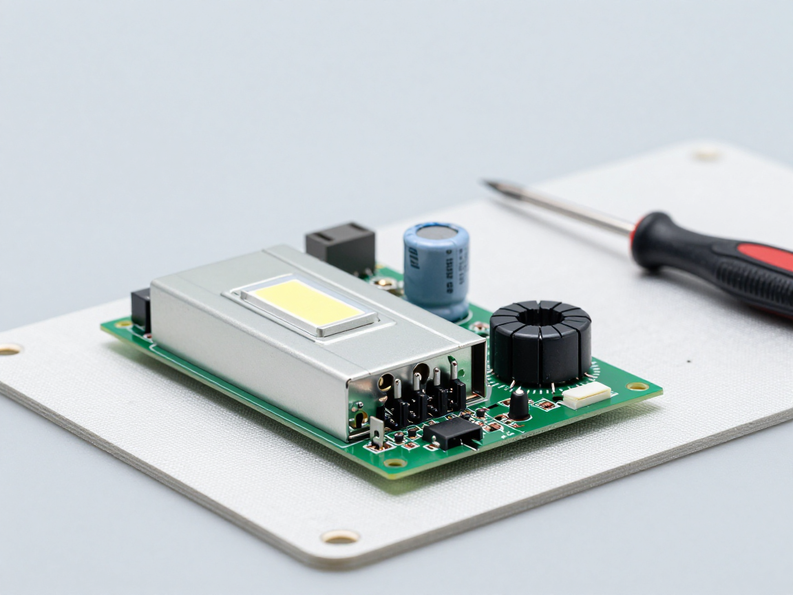 Bo mạch driver đèn LED đã mở trên thảm chống tĩnh điện bên cạnh cuộn cảm PFC, tụ điện và tua vít