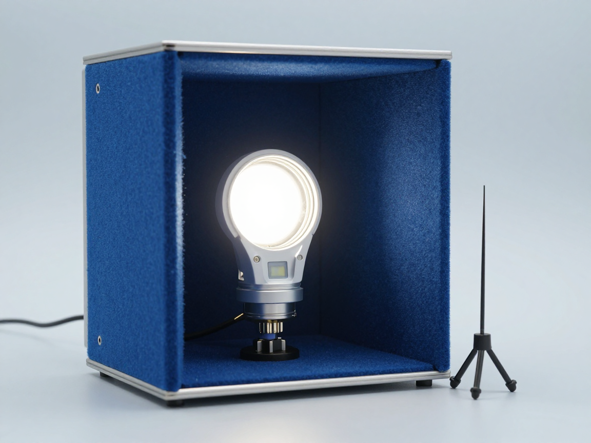Đèn LED gắn nổi phát sáng trong buồng bán triệt với vật liệu hấp thụ xanh phía sau và ăng-ten nhỏ trên giá ba chân