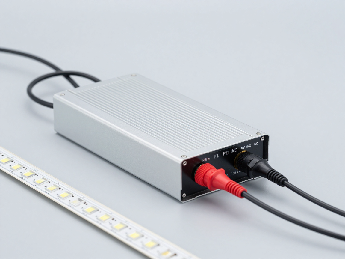 Hộp driver LED nhỏ nối với dây nguồn ngắn và đoạn LED strip trên bàn, có đầu dò điện áp và cáp đồng trục