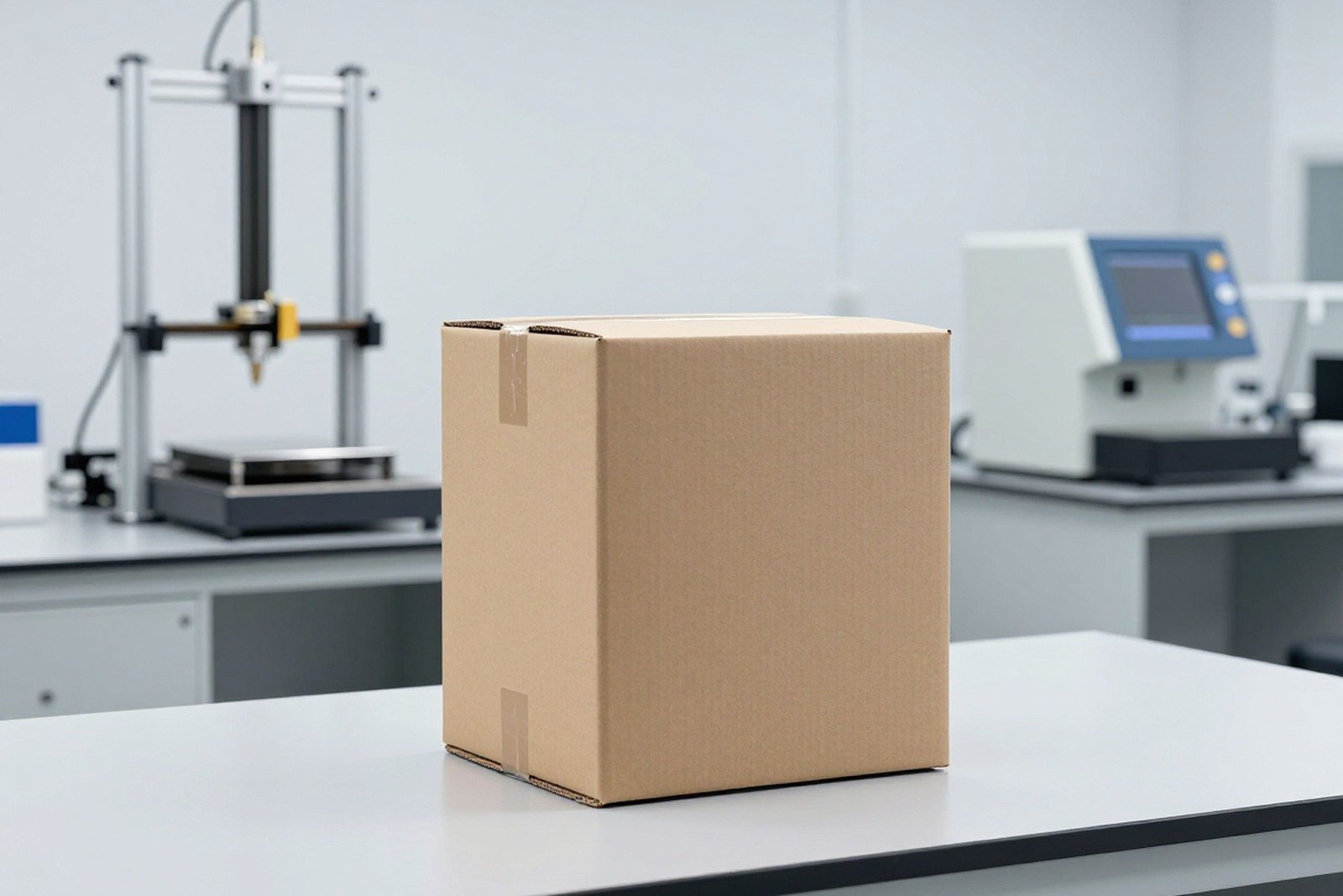 Cover image of the article «What Is ISTA Series 1? An Overview of the 7 Packaging Test Procedures (1A–1H)»: cartons on a vibration table in a packaging testing laboratory, with a drop tester and a compression tester behind