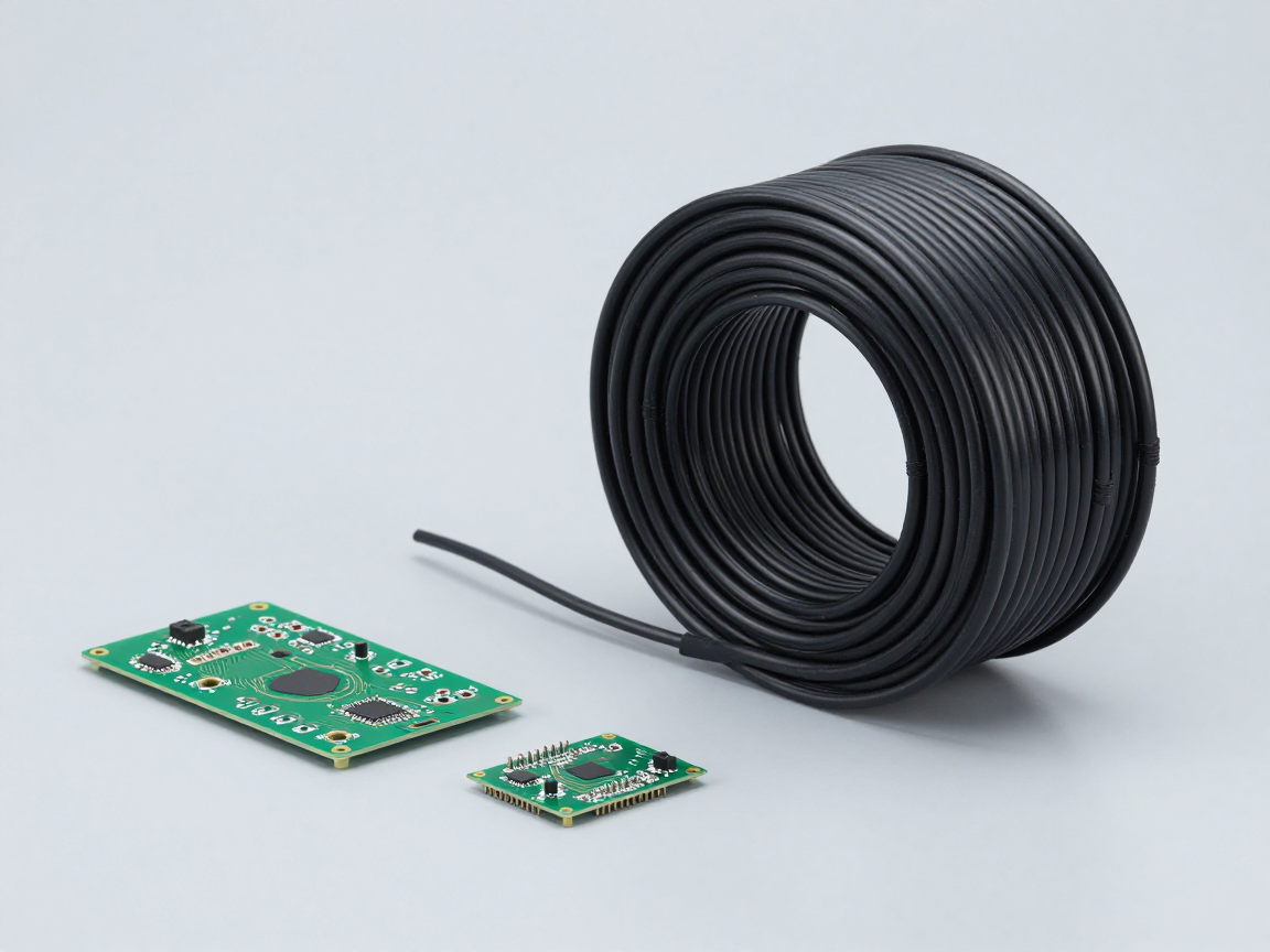 Cuộn dây cáp PVC đen, mảnh bo mạch xanh và một bo mạch nhỏ trên bàn thí nghiệm