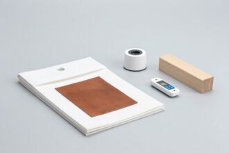 Bàn vật liệu với vải gấp, miếng da, khối đồ chơi gỗ và đồ chơi điện tử nhỏ trên nền xám sáng — ảnh bìa bài RoHS cho dệt may, da giày, đồ chơi